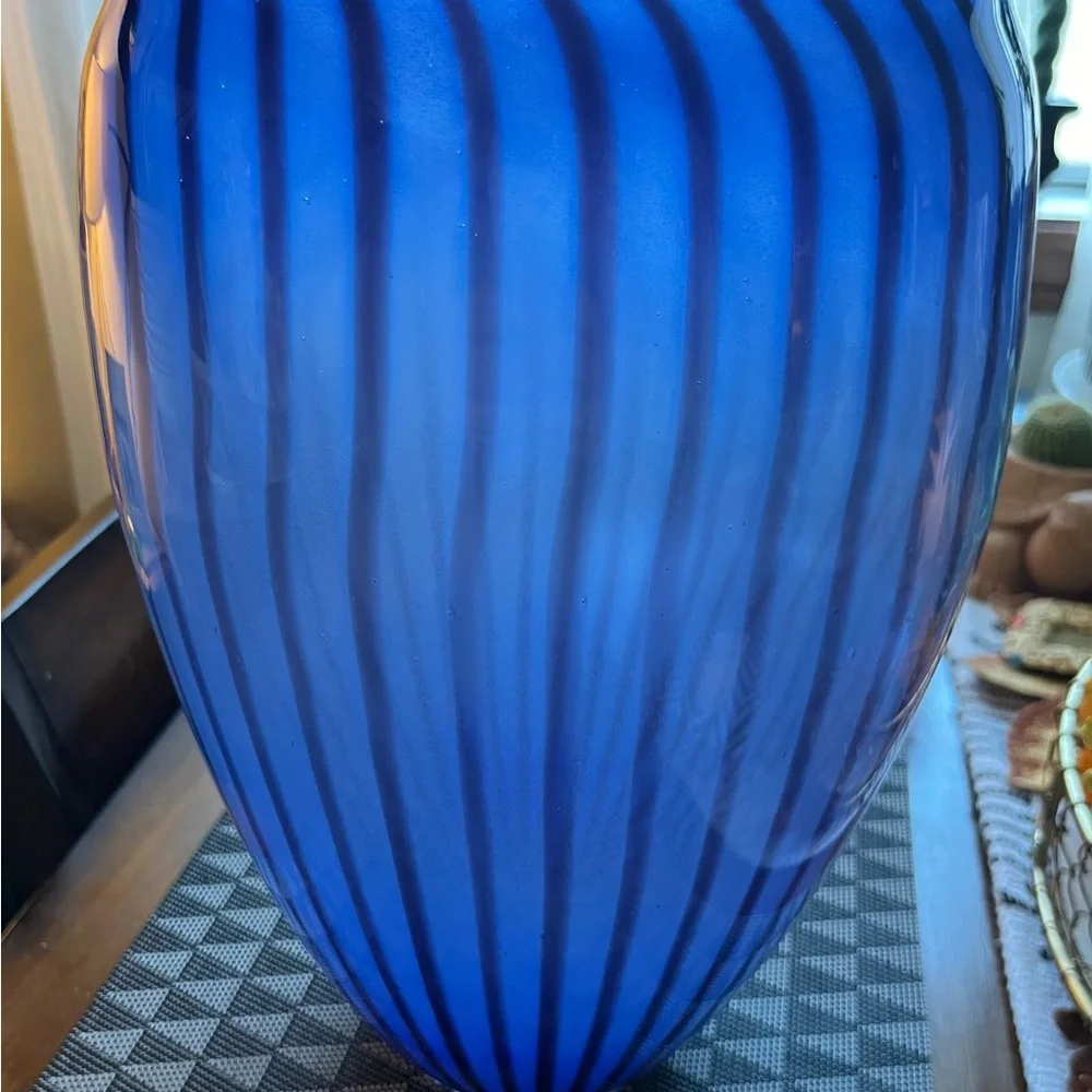 Rare Z Gallerie Art Glass Vase Urchin Blue and Black Stripes 7.5 LBS